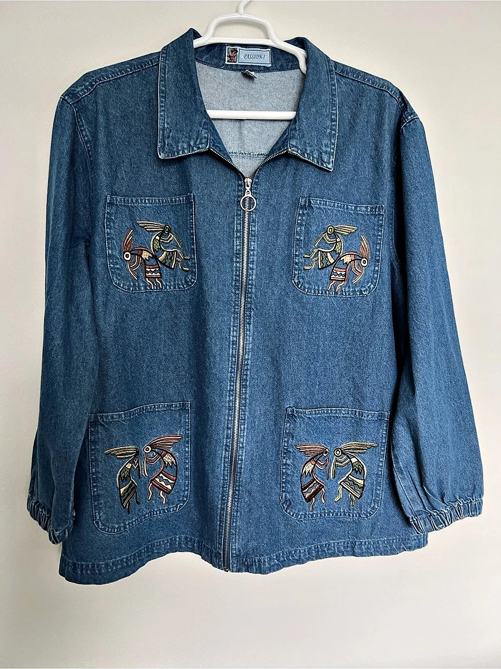 Passion-I Vintage Kokopelli Embroidered Denim Zip-Up Jacket Vintage